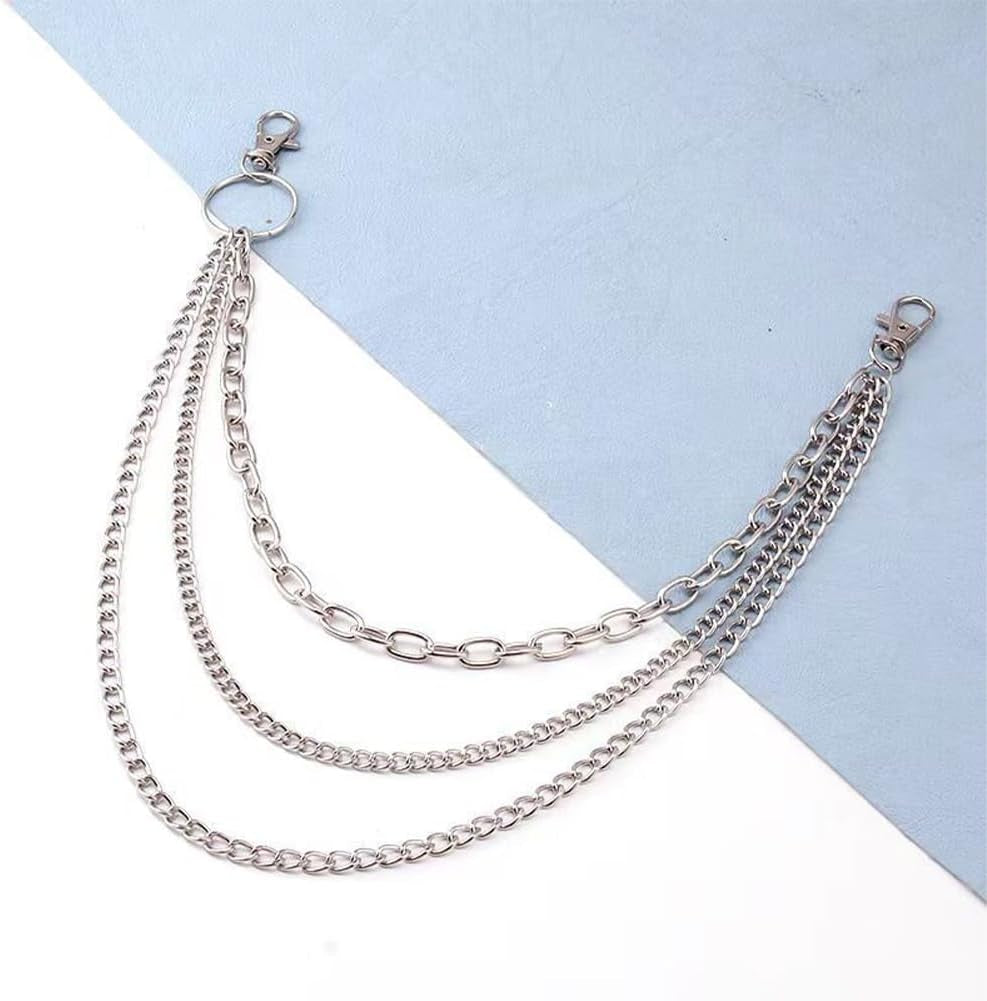 Silver punk layered chain by BEAMARKER, stylish wallet chain for jeans, trousers, skirts, and festival outfits.