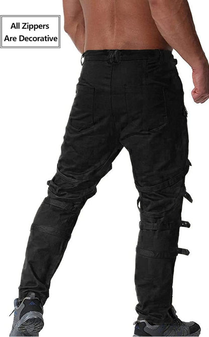 Black men's gothic cargo pants with multiple pockets, casual fit, suitable for hip-hop, rock, punk, hiking, and riding.