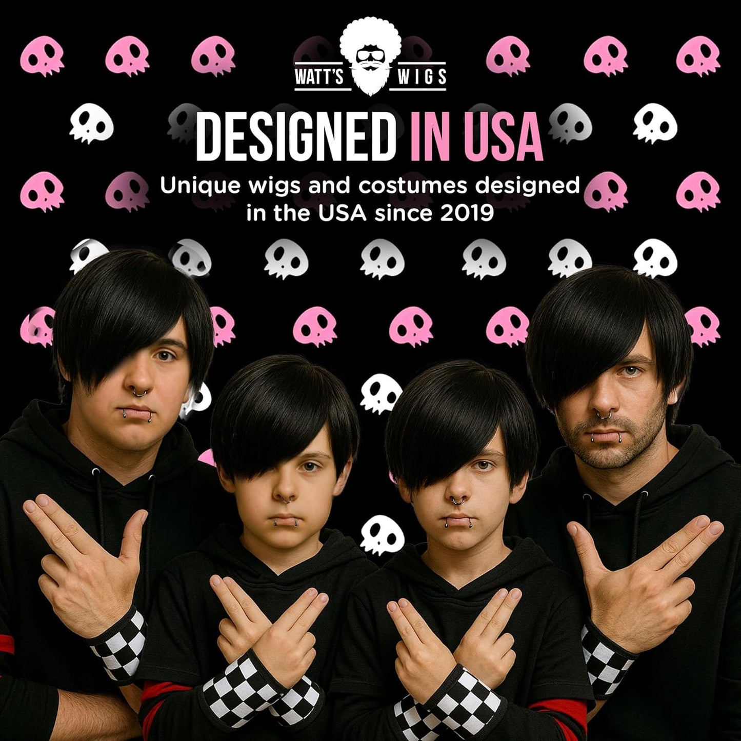 - Emo Costume Set for Men - 2000S Goth Pop Punk Scene Kid Party - Black Wig, Fake Piercings and Checkered Wristbands