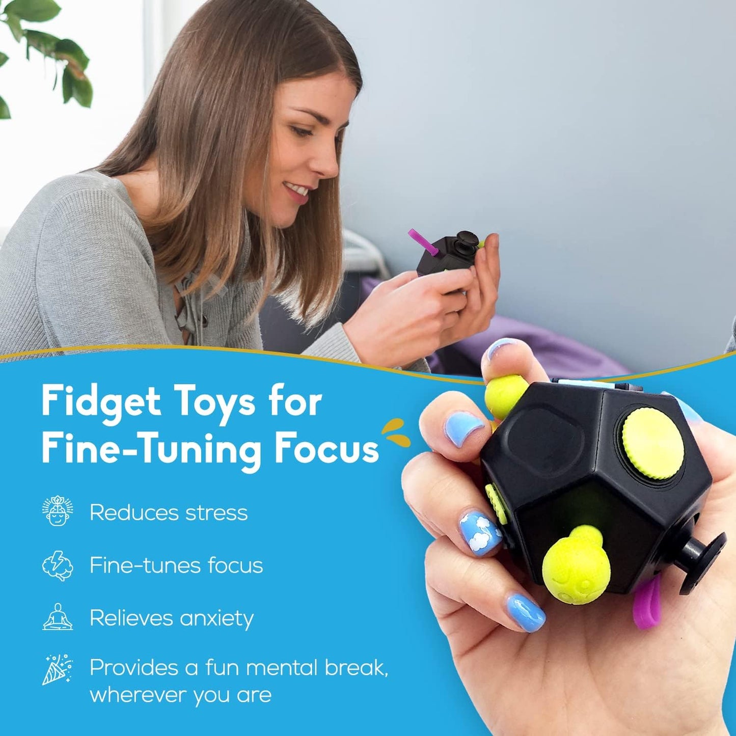 Thefube 12-Sided Fidget Cube - Portable Stress Relief Toy for Kids & Adults - Enhance Focus & Manage Anxiety - Includes Carry Case - Ideal for ADHD & ADD