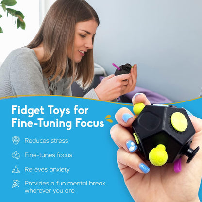 Thefube 12-Sided Fidget Cube - Portable Stress Relief Toy for Kids & Adults - Enhance Focus & Manage Anxiety - Includes Carry Case - Ideal for ADHD & ADD
