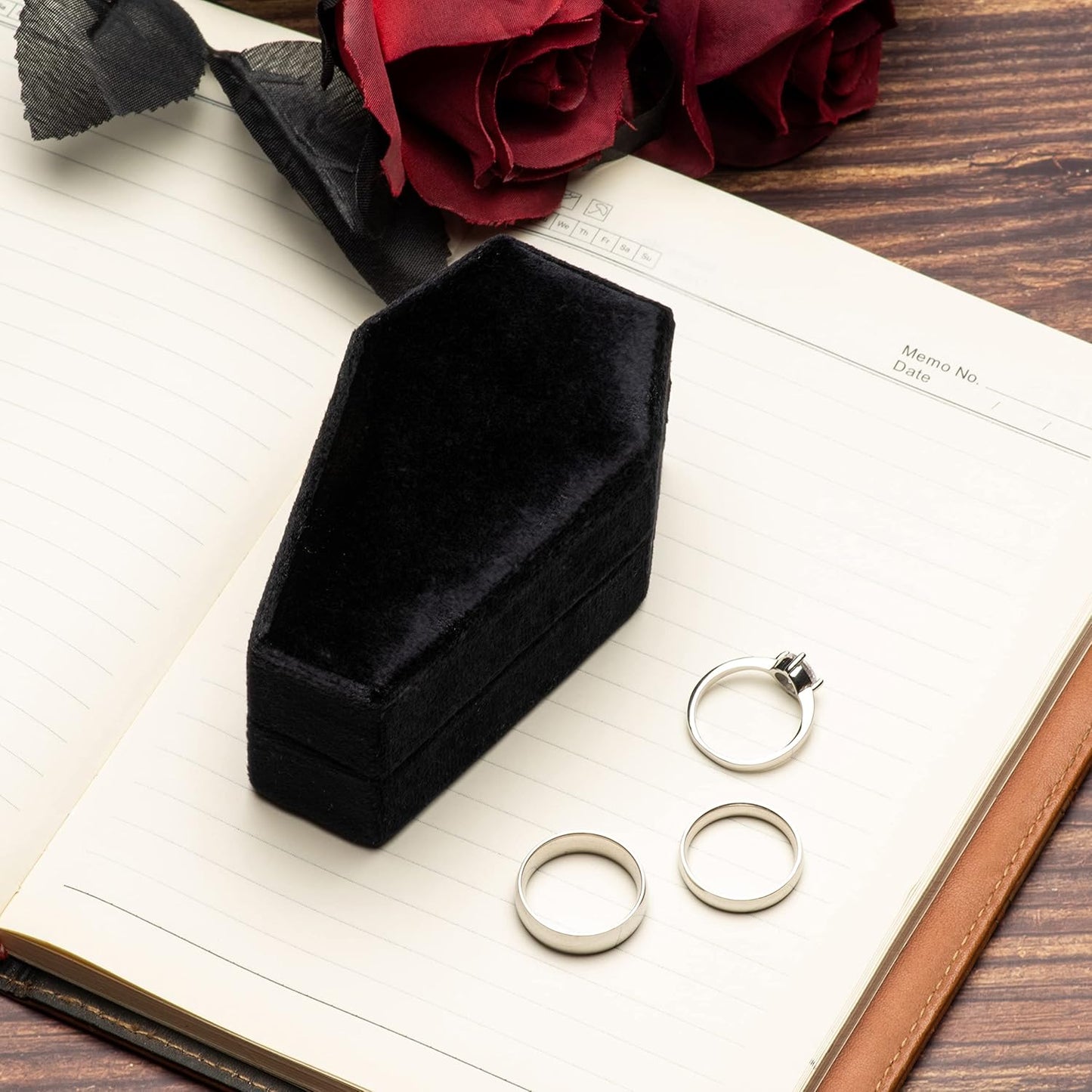 Velvet Coffin Ring Box Case Holder 3 Slots for Gothic Wedding Ceremony,Gothic Jewelry Organizer Decorations (Black)