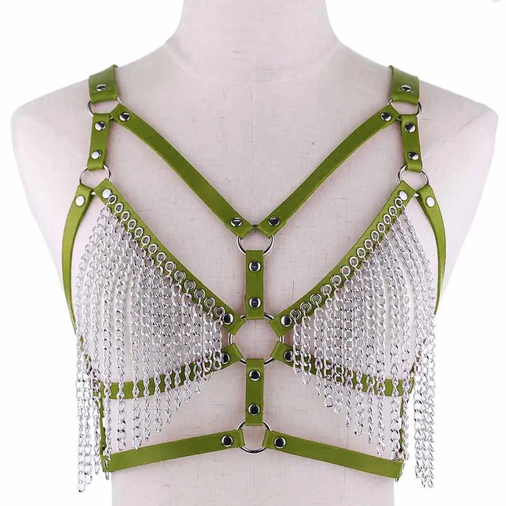Leather Chain Harness Body Chain Bra Goth Punk Sexy Chain Top Women Body Jewelry Summer Festival Fashion Rave Outfit