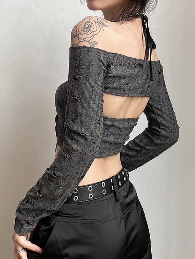 Vintage gothic Y2K 2-piece set with long sleeve T-shirt and buckle crop camisole, featuring grunge style and dark fashion details