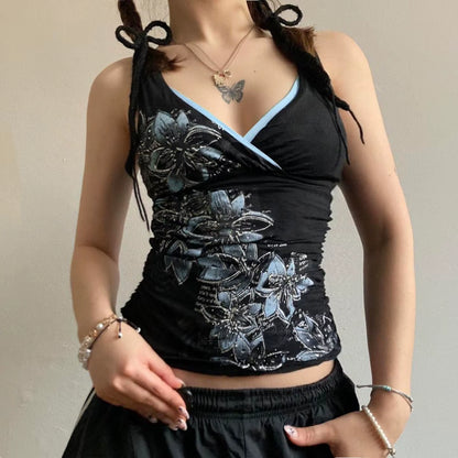 Black printed suspender vest for women, American retro Y2K goth slim V-neck top with stylish suspenders and bold graphic design.