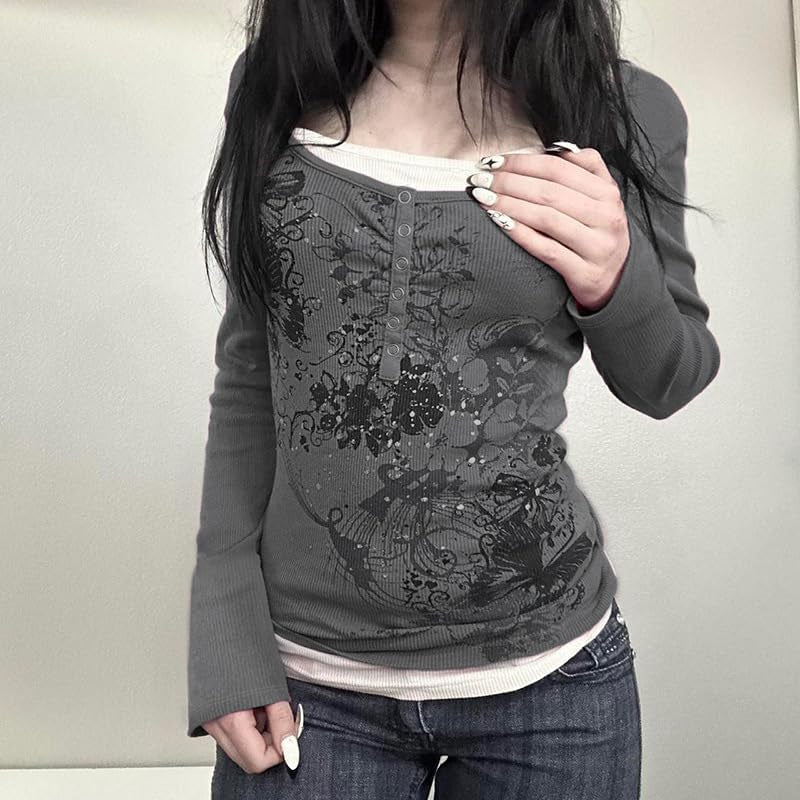 Y2K floral V-neck long sleeve top by GGOOB, vintage fairy grunge style, featuring colorful floral pattern for trendy teens.