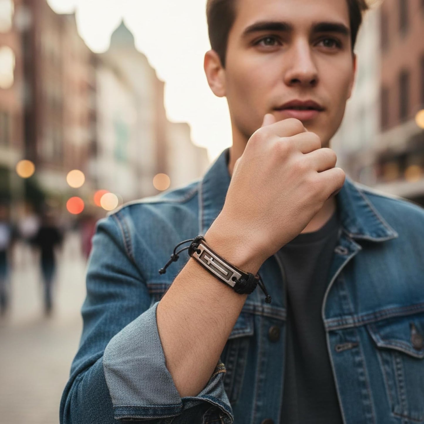 Stylish men's leather cross bracelet by Soul Statement, adjustable Christian faith wristband for teens and men.