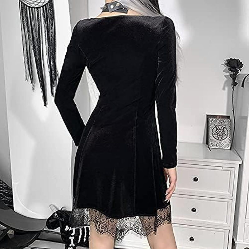 Gothic lace mini dress by PressureDen.store featuring sleeveless spaghetti straps and velvet A-line design for Halloween and summer.