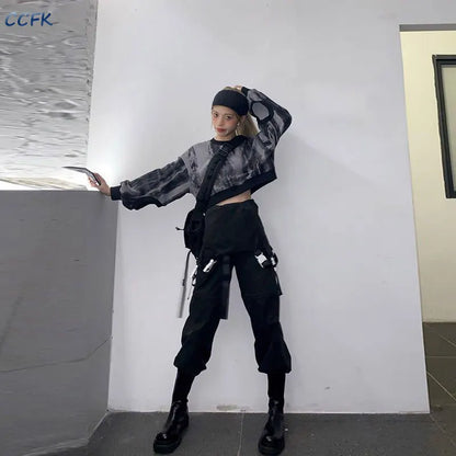 Gothic techwear cargo pants for women featuring high waist design, detachable shorts, streetwear style, in black fabric.