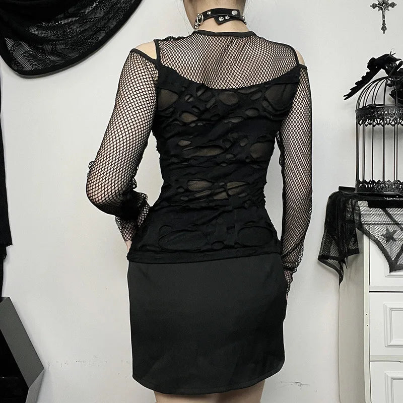 Edgy Frayed Mall Gothic Fishnet Long Sleeve Blouse - Sexy Grunge Punk Streetwear Top for Women