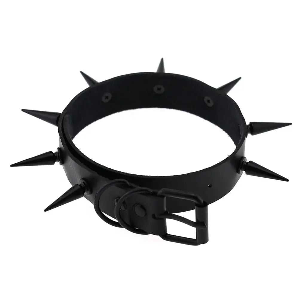 Black spiked vegan leather choker necklace with edgy design, ideal for goth, witch, and cosplay fashion styles.