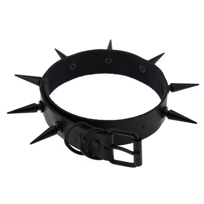 Black spiked vegan leather choker necklace with edgy design, ideal for goth, witch, and cosplay fashion styles.