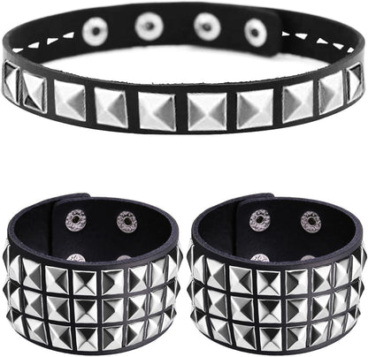 Studded Leather Choker Necklace and Bracelets Set for 80S 90S Vintage Women Men Punk Rock Emo Goth Jewelry Scene Costume Accessories