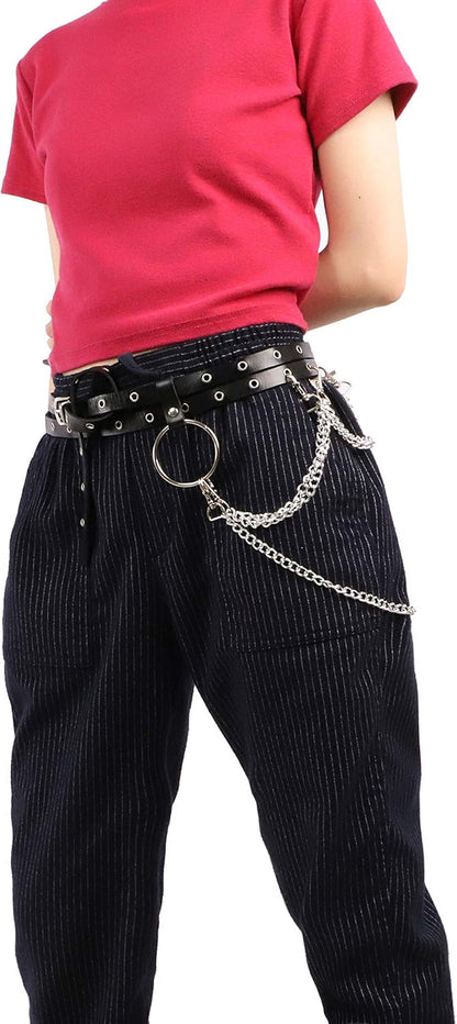 MILAKOO retro punk gothic wrap-around PU leather chain belt with vintage skinny style for women, featuring metal chain details.