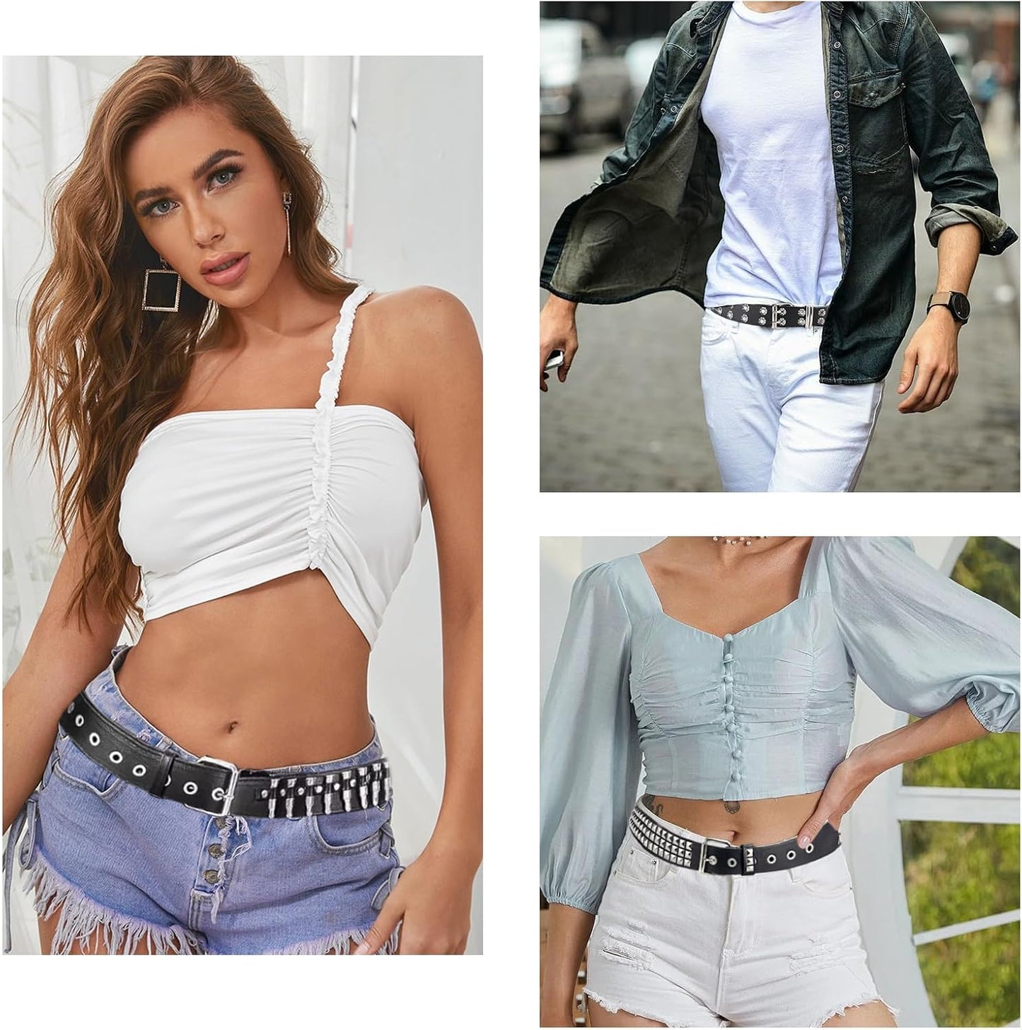 Stylish 3-piece studded Y2K emo goth punk rock belt set with bullet details, featuring black leather straps and silver hardware.