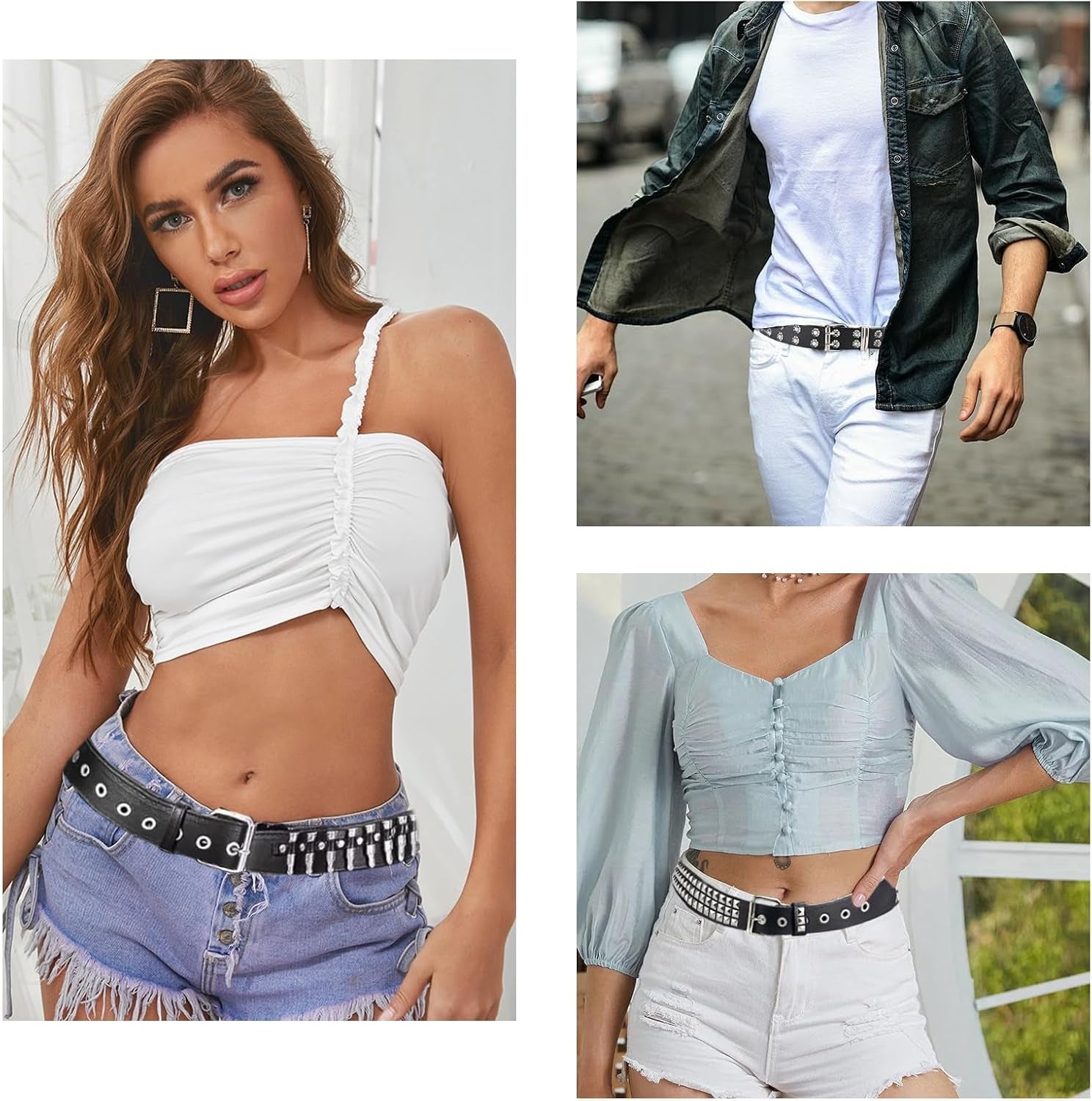 Stylish 3-piece studded Y2K emo goth punk rock belt set with bullet details, featuring black leather straps and silver hardware.