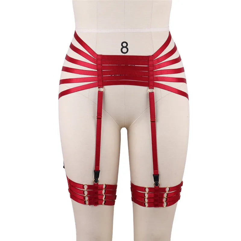 Red Garters Belt Body Harness Bondage Stockings Suspenders Belt Elastic Adjust Strap Lingerie Goth Fetish Dance Wear