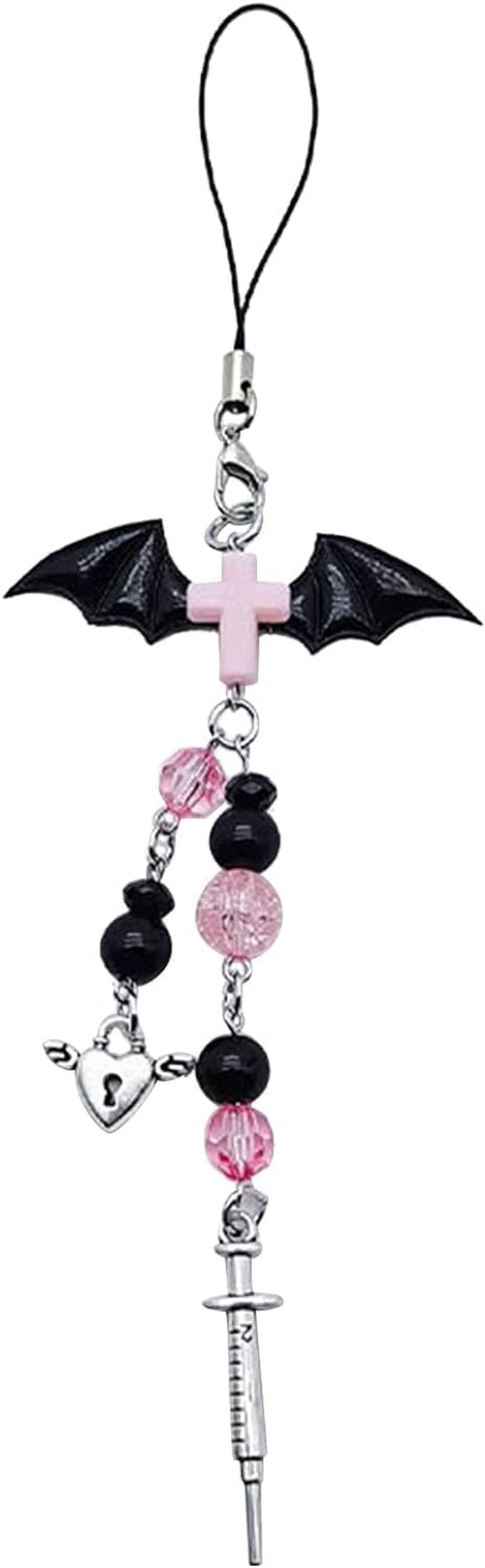 1Pc Black Mobile Phone Chain Pendant,Goth Y2K Phone Charm Pendant Kawaii-Key Chain for Bag Cute Accessory Women Guitar Strap Lanyard Beaded Keychain,Accessories