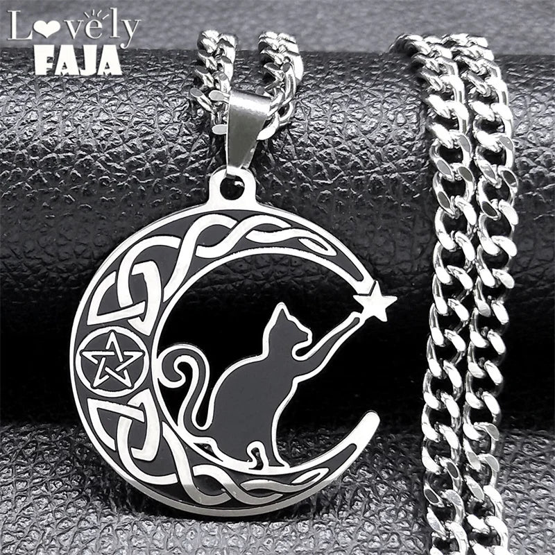 Stainless steel Gothic cat crescent moon necklace with pentagram and Celtic knot design, witch jewelry for women.
