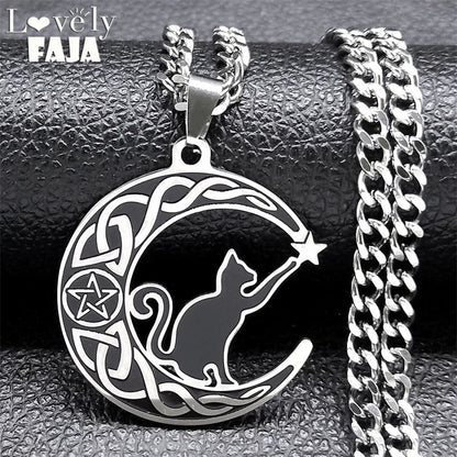 Stainless steel Gothic cat crescent moon necklace with pentagram and Celtic knot design, witch jewelry for women.