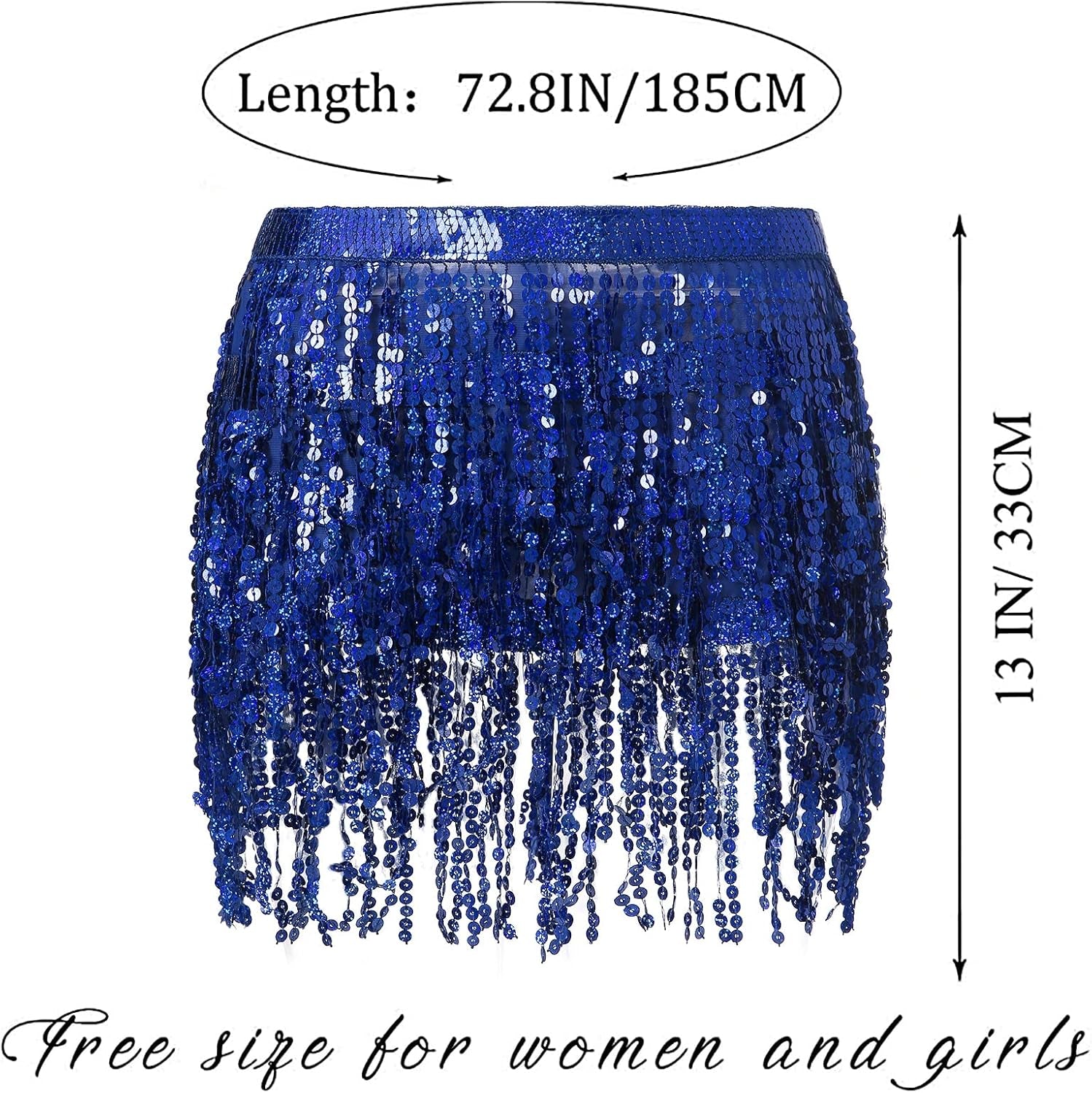 Vibrant Royal Blue Y2K Rave Fringe Skirt with Sequin Tassels & Hip Scarf - Perfect One Size Fit!