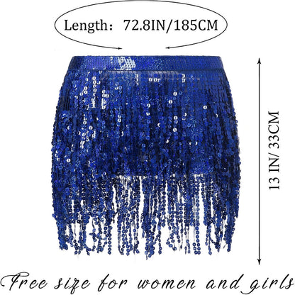Vibrant Royal Blue Y2K Rave Fringe Skirt with Sequin Tassels & Hip Scarf - Perfect One Size Fit!