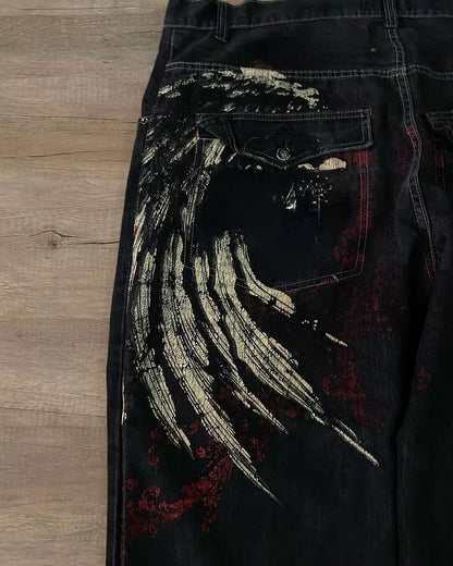 High waist Gothic wide trousers featuring Y2K Harajuku style baggy jeans with retro wing embroidery and trendy design.