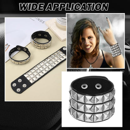 YUXIANLB edgy punk rock spiked bracelet set with three adjustable cuffs and wristbands for emo and goth fashion styles.
