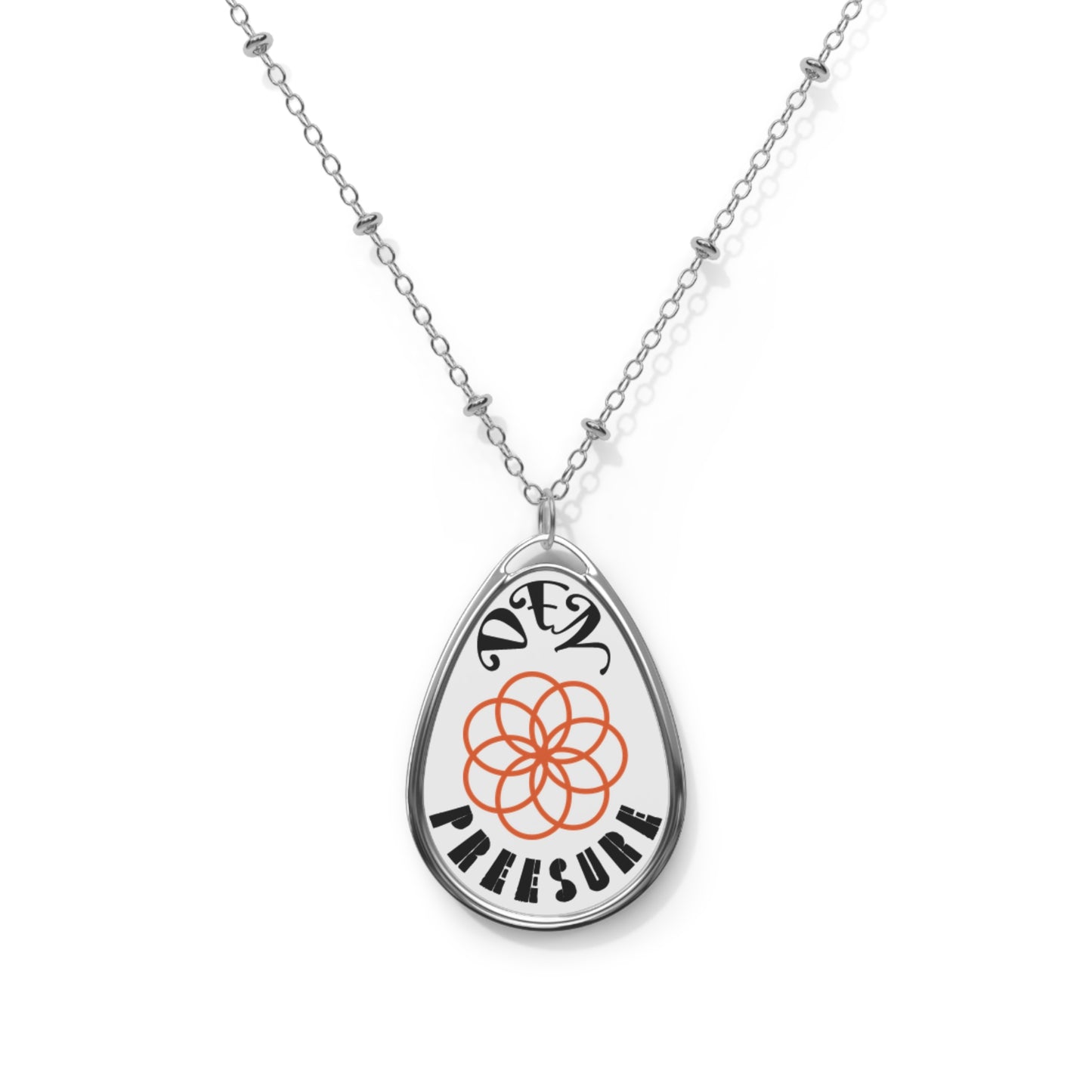 Oval Pendant Necklace — 'PRESSURE DEN' Floral Logo Engraved Teardrop Necklace