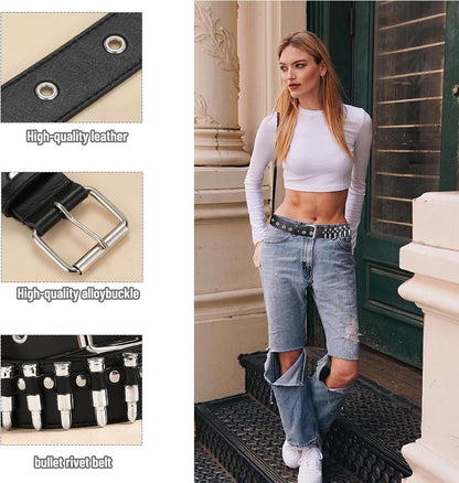Stylish 3-piece studded Y2K emo goth punk rock belt set with bullet details for men and women, featuring black leather and silver studs.