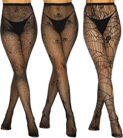 Versatile 3-Pack Patterned Fishnet Tights for Women - Spiderweb Design for Halloween & Everyday Style