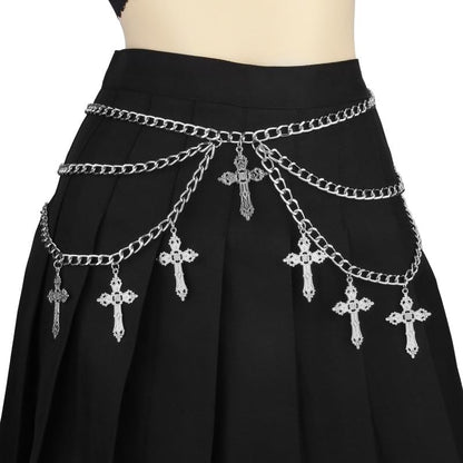 ANGLEQUEEN edgy gothic cross waist chain for women, featuring punk hip hop style belly chain with grunge and Halloween accessories.