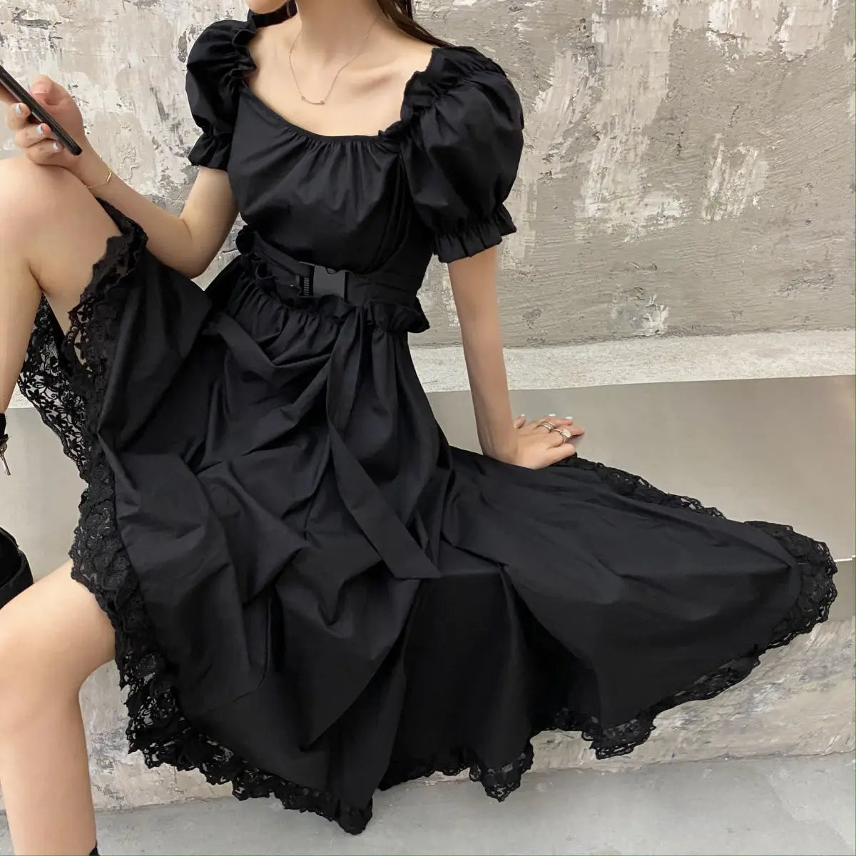 Y2K Harajuku Gothic dress from PressureDen.store, featuring ruffles, mini length, and a kawaii fairycore style.