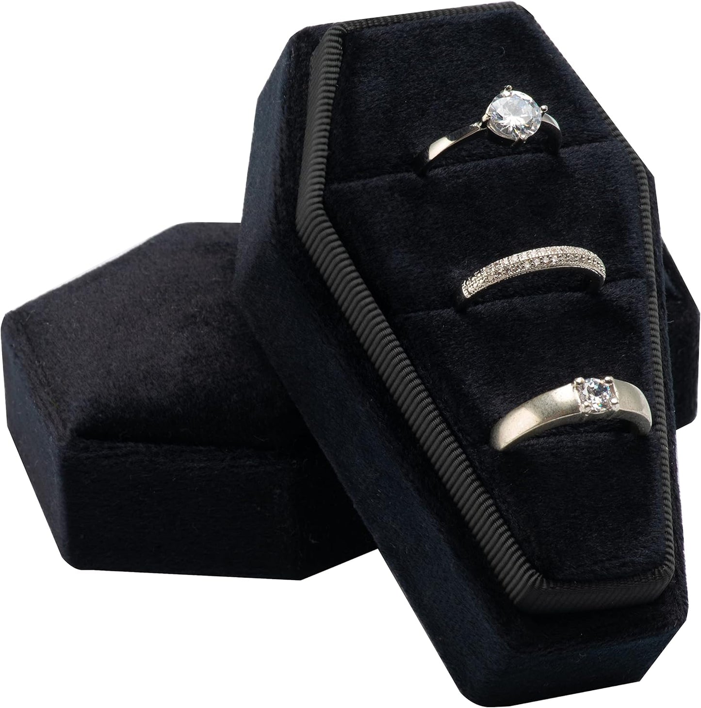 Velvet Coffin Ring Box Case Holder 3 Slots for Gothic Wedding Ceremony,Gothic Jewelry Organizer Decorations (Black)