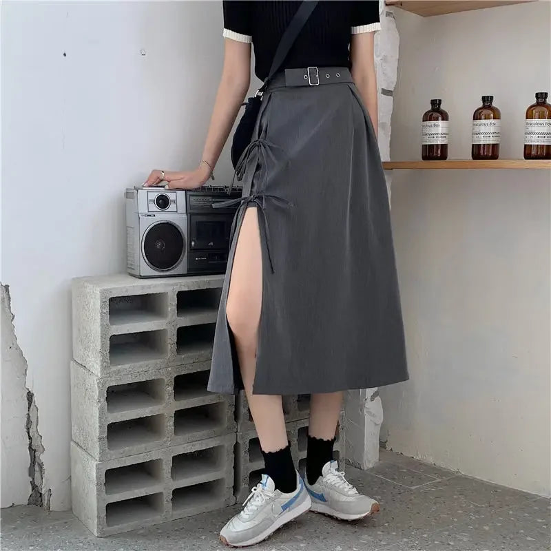 Vintage dark gothic high split mid-calf skirt for women, featuring elegant design perfect for parties and streetwear styles.