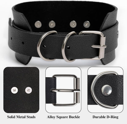GIFTGRIN Gothic leather choker necklace with metal details, stylish punk accessory for rave, Halloween cosplay, or fashion outfits