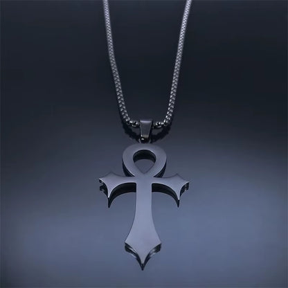 Gothic Egyptian Ankh necklace with black stainless steel key of life amulet, religious jewelry accessory, detailed design.