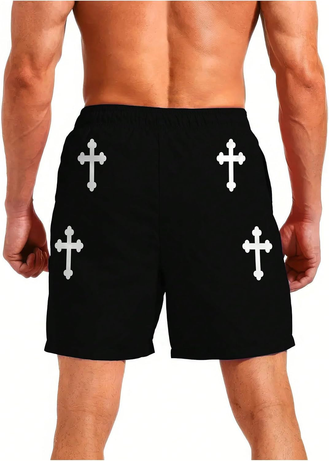Men's goth cross graphic workout shorts by VIPWOLF featuring a drawstring waist and sporty design for running and training.