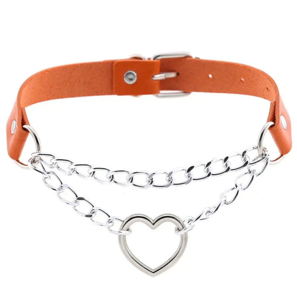 Black leather Gothic heart choker necklace with chain detail, perfect for punk and emo fashion styles.