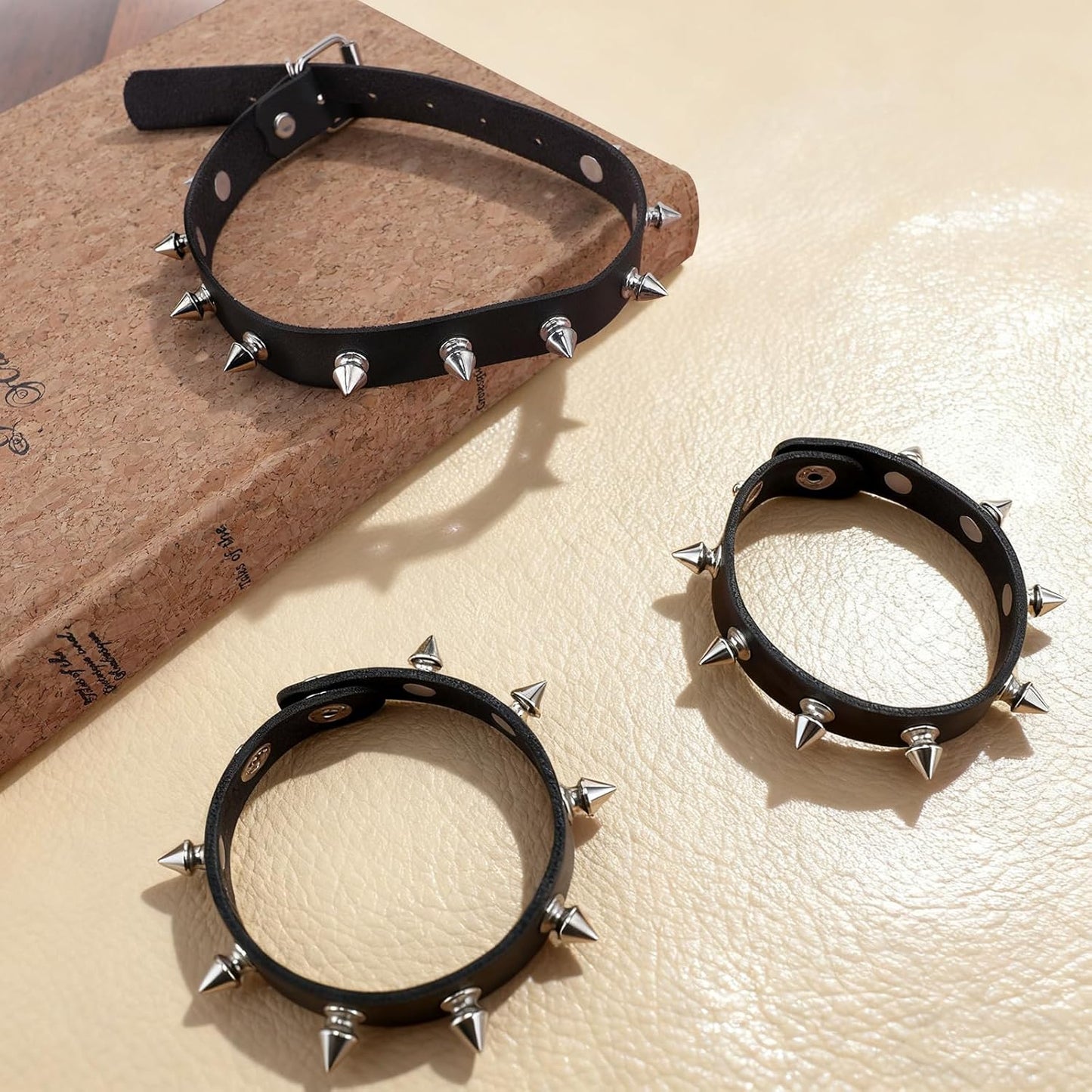 3 Pcs Spiked Choker, Leather Goth Studded Choker, Black Punk Bracelet, Vintage Spiked Collar Necklace Rock Punk Jewelry Gothic Accessories