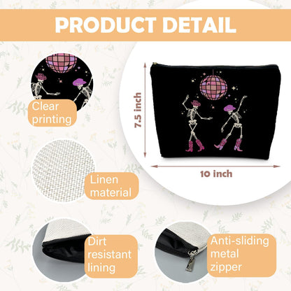 Funny Disco Dancing Skeleton Makeup Bag, Goth Gothic Skull Cosmetic for Women, Halloween Gifts, Dark Academia Makeup Pouch, Horror Bag