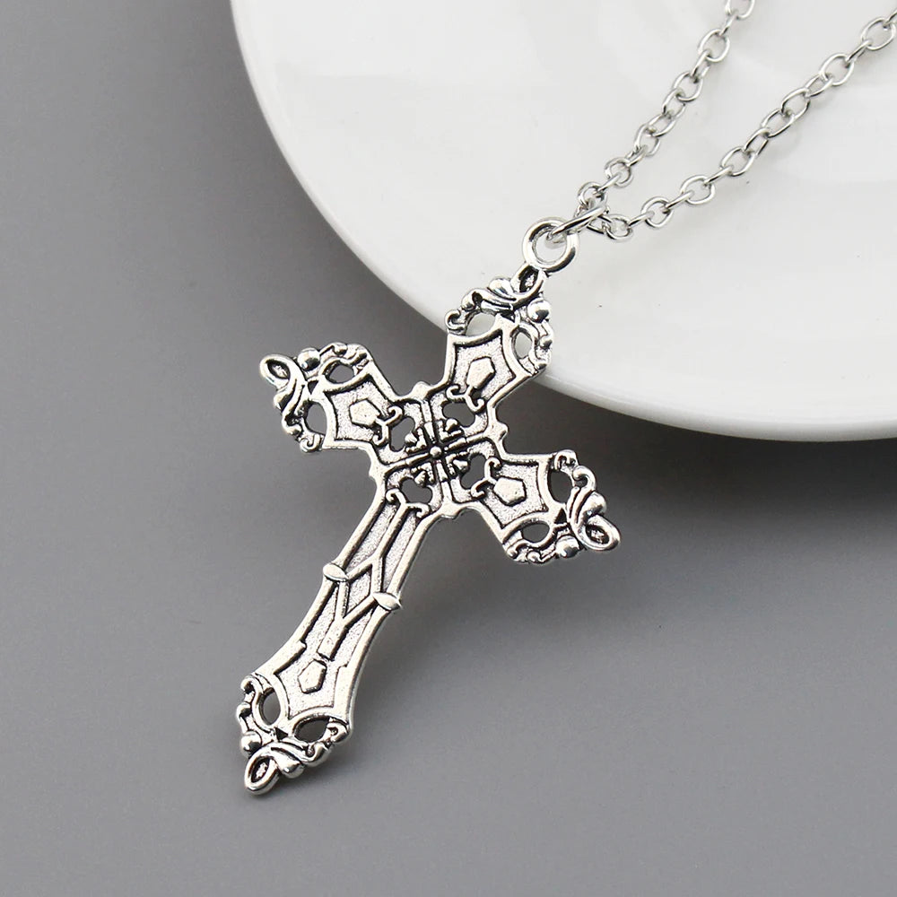 Gothic vintage cross pendant necklace with edgy Y2K grunge chain jewelry for men and women, featuring a dark metal design.