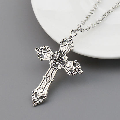 Gothic vintage cross pendant necklace with edgy Y2K grunge chain jewelry for men and women, featuring a dark metal design.