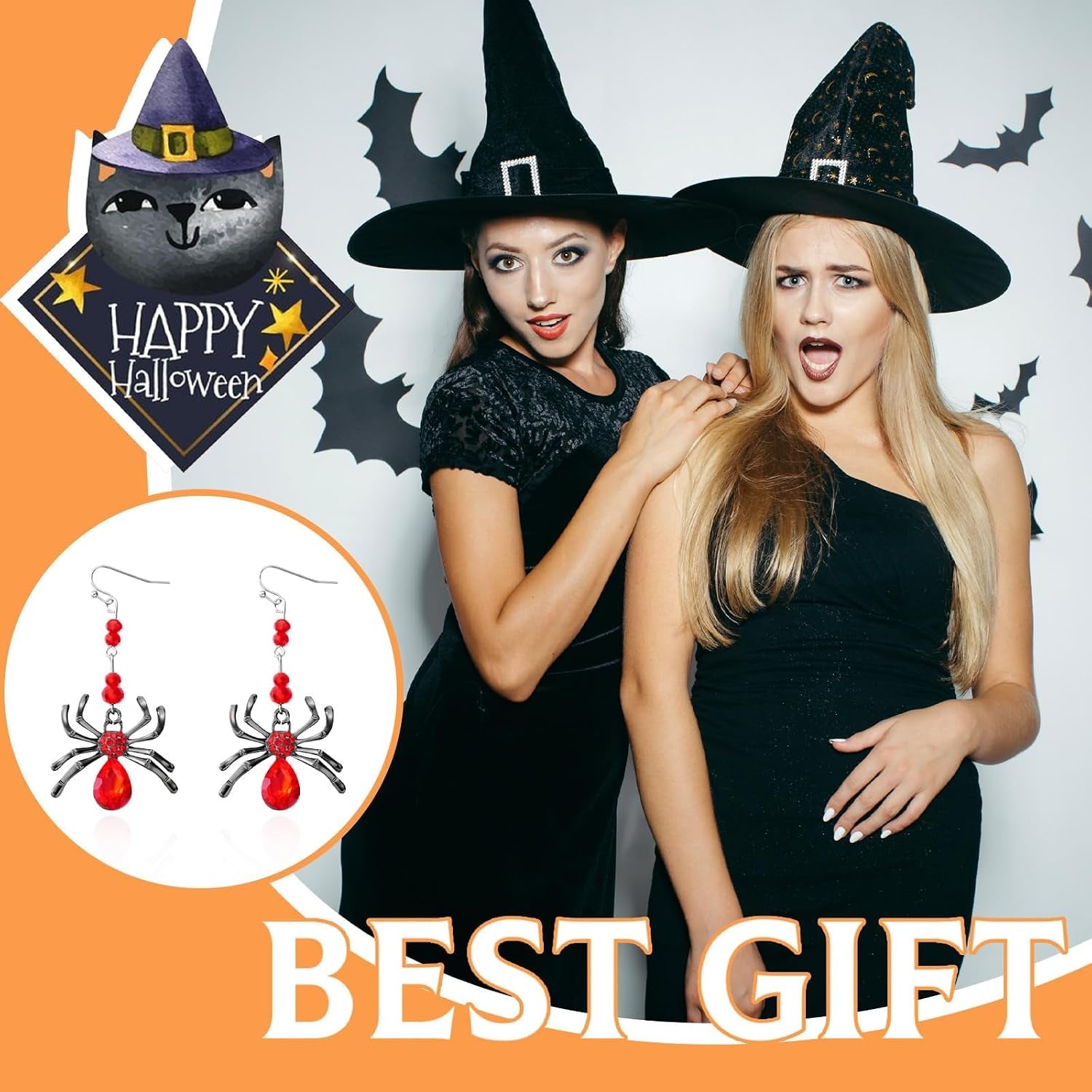 ULLKEL Gothic spider bat and witch hat earrings featuring spooky punk jewelry design for cosplay and alternative fashion.