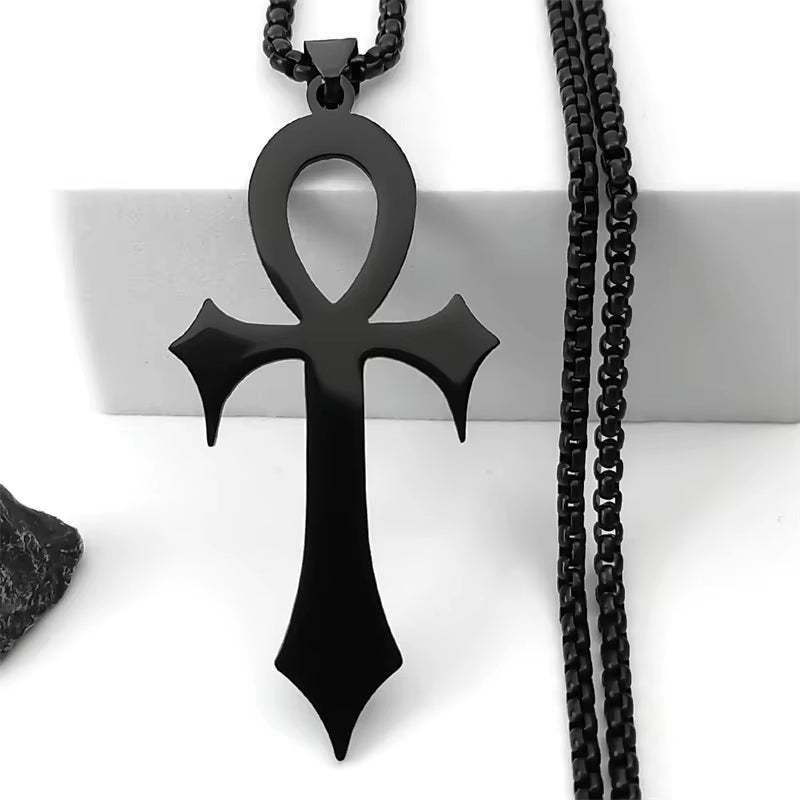 Black stainless steel Gothic Egyptian Ankh necklace with key of life amulet, religious jewelry gift, PressureDen.store N8582.
