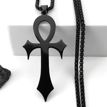 Black stainless steel Gothic Egyptian Ankh necklace with key of life amulet, religious jewelry gift, PressureDen.store N8582.