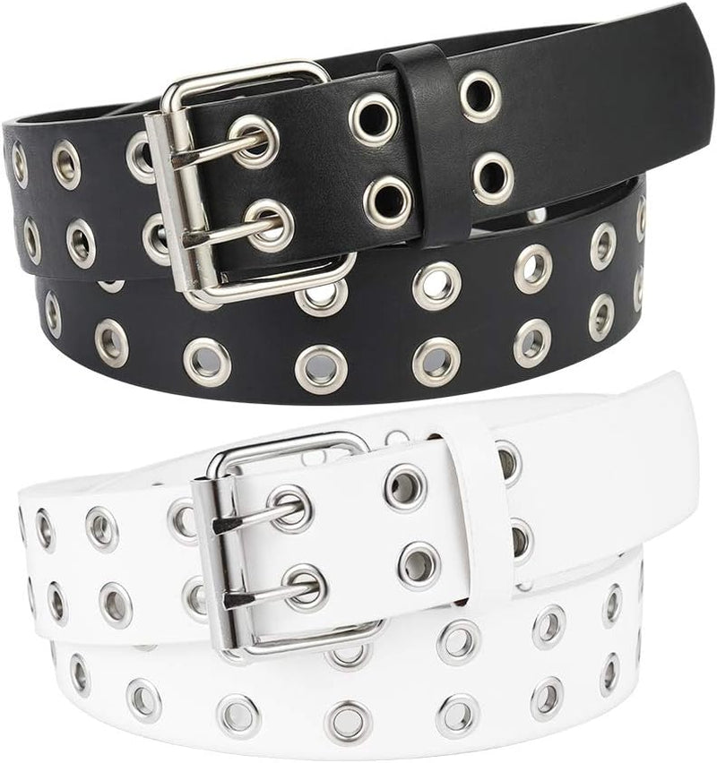 Black and brown PU leather punk grommet belts for men and women, featuring 2-hole design, suitable for jeans, medium size.