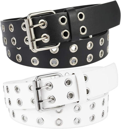Black and brown PU leather punk grommet belts for men and women, featuring 2-hole design, suitable for jeans, medium size.