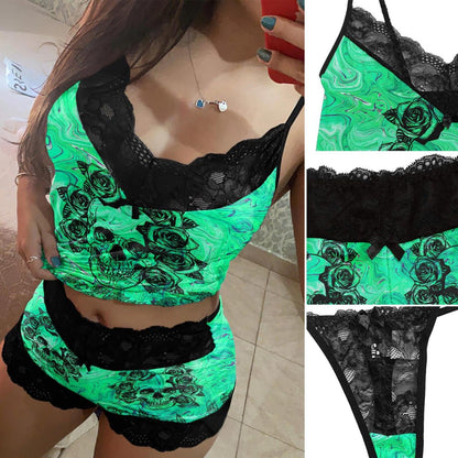 Skulls Roses Lace Lounge Comfort Soft Pajama Sleepwear Set