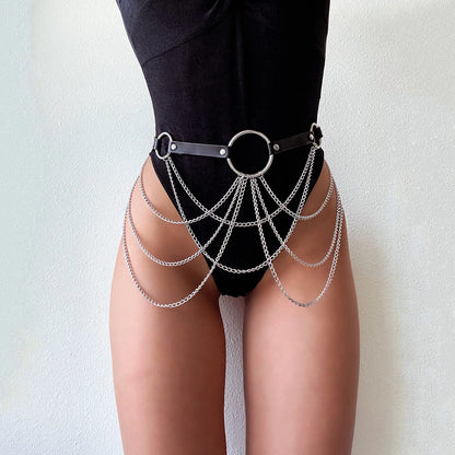 Layered Leather Belt with Chains Body Harness Sexy Waist Goth Accessories Strap Adjustable Festival Girls Jewelry